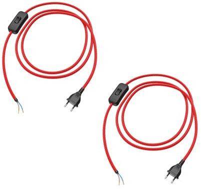 ledscom.de 2 pezzi Spina Euro tipo C con cavo tessile, interruttore, 2 m, rosso, 2 x 0,75 mm²