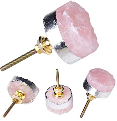 JIC Gem 4 Pack Rose Quartz Crystal Cabinet Knobs Silver Plated Drawer Pulls | Natural Pink Rose Quartz Gemstone Cabinet Knobs,Decorative Pulls for Kitchen Cabinet,Wardrobe &Vanity Drawer Decor