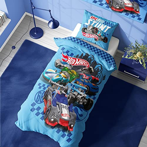 Hot Wheels Single Duvet Cover - Epic Stunt Design - Official Reversible Bedding Set with Pillowcase - Polycotton - Ideal for Car Crazy Kids