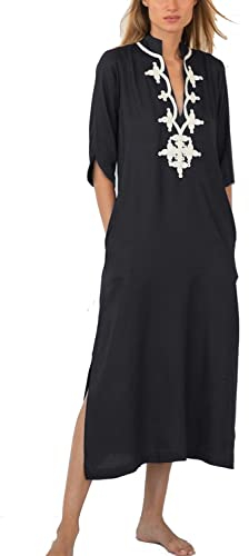 YouKD Maxi abito lungo da donna, bohémien, stile caftano, estivo, adatto come copricostume, Nero 10, Etichettalia unica