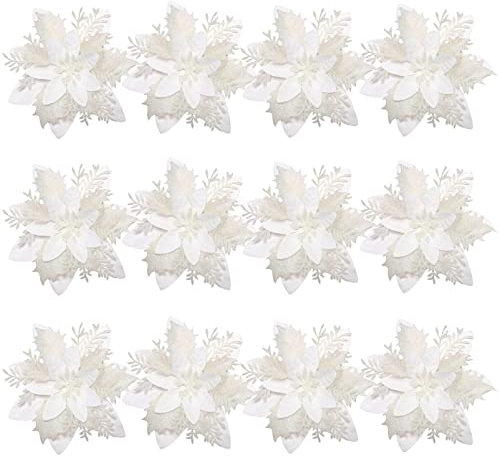 Toyvian Poinsettia Artificial Poinsettia Christmas Decorations Glitter Christmas Tree Flowers Decorations Novetly Artificial Chritstmas Flowers for Xmas Tree Decorations with Clips