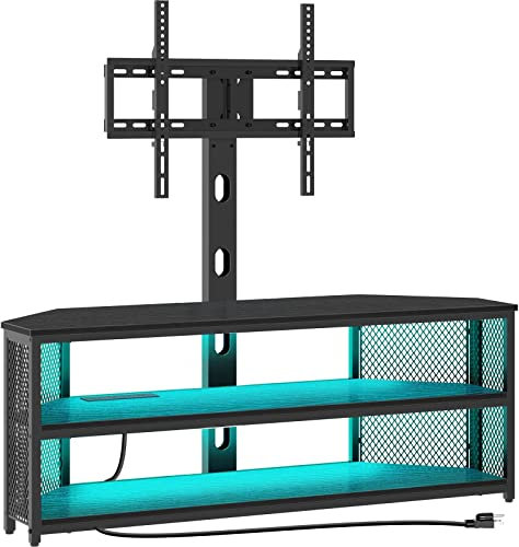 Rolanstar Soporte de TV con soporte y toma de corriente, soporte giratorio para TV con luces LED para televisores de 32/45/55/60/65/70 pulgadas, consola multimedia de centro de entretenimiento negro