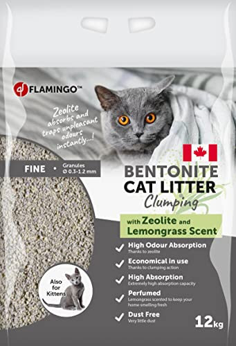 Flamingo Katzenstreu - katzenstreu klumpstreu - Zitronengras-Duft - 12L (12KG) für 10 Wochen - Herkunft Kanada - grüner Zeolith für ultraschnelle Geruchskontrolle - Ideal für 1 oder mehrere Katzen