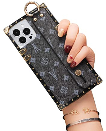 Rectangle Designer Luxury Case for iPhone 12 pro max Leather with Wristband Strap Hand Holder Ring Kickstand Silicone Shockproof Protective Bumper Trunk Box for Women Girls (Black, iphone 12 Pro Max)