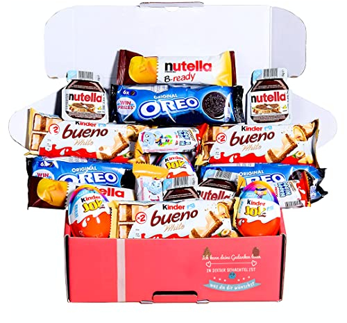 Schokolade Geschenkbox I Originelles Geschenk für Valentinstag, Geburtstage, Kinder, Partner - Kinder Bueno White, Happy Hippo, Kinder Joy, Oreo - Box