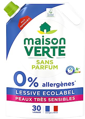 Maison Verte - Lessive - Sans Parfum - 0% Allergènes - Lessive Ecolabel - Peaux très sensibles - Efficace dès 30°C - Pack Refermable - 30 lavages