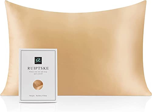 RUIPTSKE Kissenbezug aus Naturseide, hypoallergen, 22 Momme, 100 % Seide, 600 Garne, mit verstecktem Reißverschluss (Champagner, 50 x 90 cm)