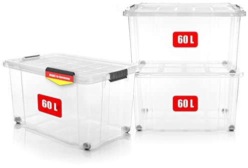 BigDean 3 Stück 60 L Aufbewahrungsbox mit Deckel groß transparent stapelbar | stapelbare robuste Box - rollbare Stapelbox mit festen Klickverschlüssen - Made in Germany