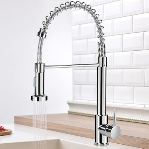 Virklyee Grifo de resorte Grifo cocina extraible Grifo de Cocina con Giro de 360°Grifo de Cocina Fregadero con 2 Modos,para agua fría o caliente, acero inoxidable, de resorte (Plata)