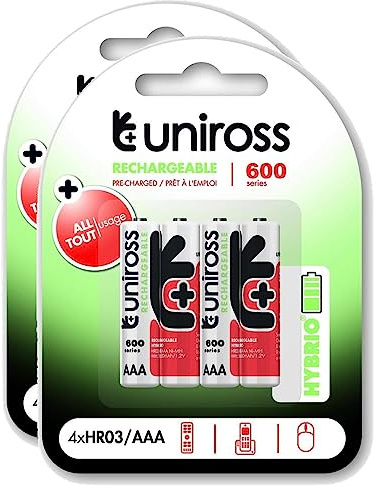 Uniross Pack of 2 x 4 Rechargeable Batteries AAA/HR03 600 NIMH HYBRIO, 1.2 V