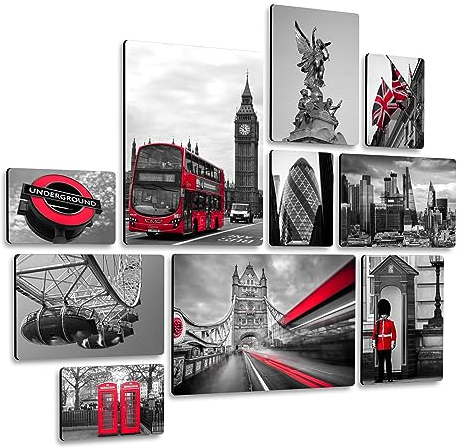 Giallobus - Satz von 10 mehrteiligen Gemälden - London in red - MDF-Holz - | 2 x 42x29,7cm | 4 x 29,7x21cm | 4 x 21x14,85cm | - Fertig zum Aufhängen – Gemälde