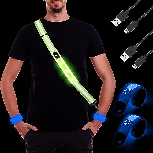 DazSpirit Lauflicht Joggen mit Reflektoren Gürtel + 2 Blau LED Armband, Verstellbarer USB Aufladbar LED Lauflampe Reflektorgürtel, Nacht Reflektor Gurt für Joggen Laufen Hundewandern Outdoor Sports