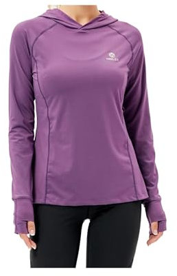 HDTIYUYP Camisetas de correr de manga larga para mujer, ligeras, con protección UPF para deportes, con capucha, para fitness, senderismo, deportes al aire libre, con agujero para el pulgar, morado, XS