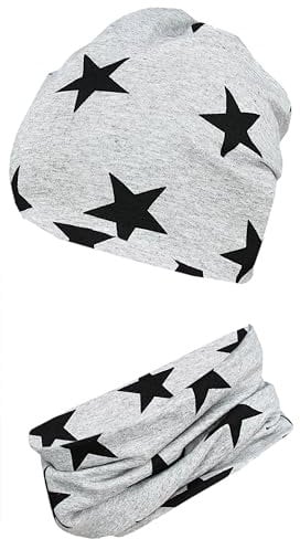 TupTam Jungen Beanie Mütze Schlauchschal Kinder 2er Set Herbst Winter gefütterte Übergangsmütze mit Loop, Farbe: Jersey zweilagig - Sterne Schwarz Grau, Hat Size: 56