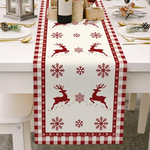 Weihnachten Tischläufer, 35 x 180 cm rot Karierte Schneeflocken Muster Leinen Esstisch Läufer für Winter Weihnachtsdekorationen (Hirsch & Schneeflocke)