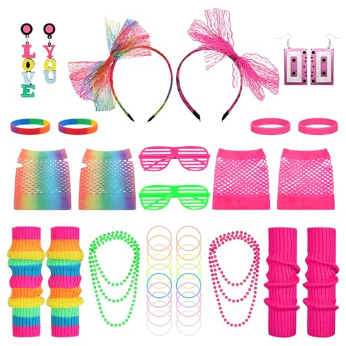 Vyuwast 42 Pcs 80s Accessories for Women, 80s Fancy Dress with Leg Warmers Fishnet Gloves Glasses Earrings Necklace Bracelet Lace Bow Headband for 80s Retro Party