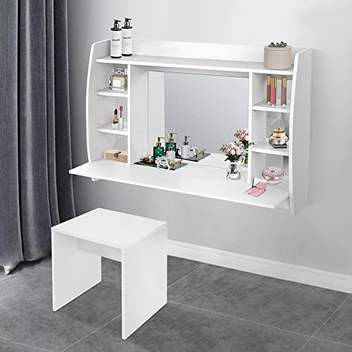 ML-Design Wandschminktisch mit Hocker, Frisiertisch mit Spiegel und 6 Ablagefächern, 110x75x48,5 cm, Weiß, Moderne Kosmetiktisch für Damen & Mädchen, Wandtisch Make-up Tisch Sitzhocker Schminkspiegel