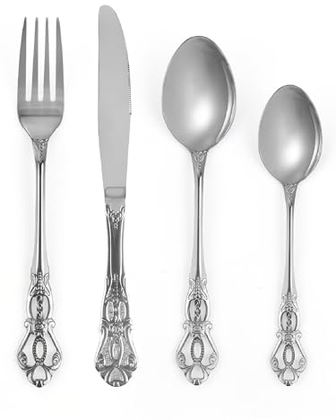 SHEUMNT set couverts de table argent 6 personnes Rétro royal, ensemble de couverts inox 24 pièces, se compose de couteaux/fourchettes/cuillères, finition Poli résistant, facile à nettoyer