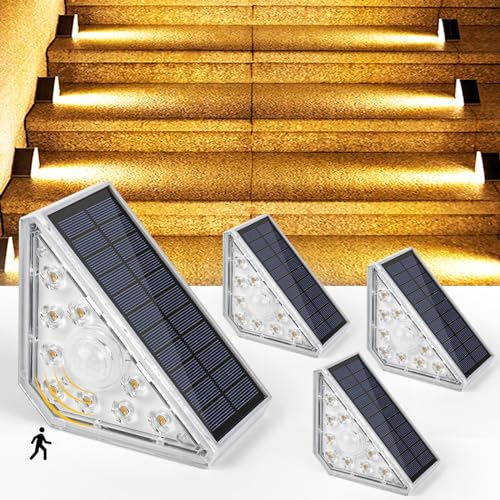 Czemo Luces Solares para Escaleras Exteriores IP67 Impermeable Solar Exterior LED Luz de Escalera con Sensor 3000K Luz Cálido Lámpara para Escalones Jardín Patio Camino Suelo Calzada, 4Pcs