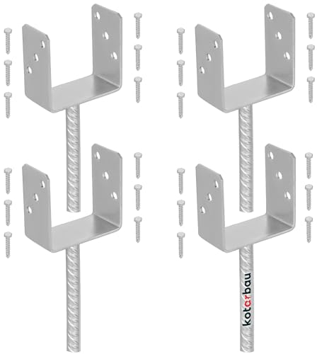KOTARBAU® 4er Set Pfostenträger zum einbetonieren U 121 mm Feuerverzinkt Stahl Betonanker für Holzpfosten Riffelstahl Pfostenanker Bodenhülse Pfostenschuh Zaunpfosten Holz