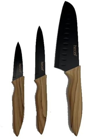 hecef Küchenmesser Set 3-teilig, Edelstahl, Scharfe Klingen, Soft-Touch Holzgriff – Kochmesser, Allzweckmesser, Gemüsemesser, Profi Messerset für Küche und Zuhause