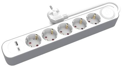 KEL Steckdosenleiste mit 5 FachMehrfachsteckdose, USB Type-A und 1 Type-C Anschluss; 1,5 m Verlängerungskabel mit Schukostecker und EIN-/Ausschalter; 3680 Watt Steckdosen; Dreifachsteckdosen - weiß