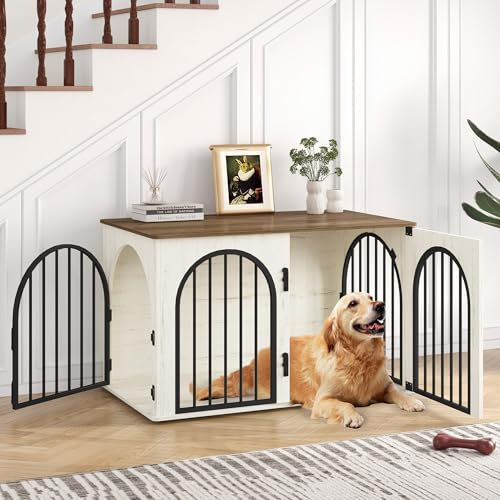 Hzuaneri 39.4'' Dog Crate Furniture, Dog Kennel Indoor Arched Door Design, Wooden Dog Crate Furniture for Small/Medium/Large Dog, Side Table, TV Stand, Anti-Chew, Anti-Escape, White Brown
