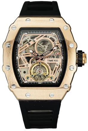 TIME100 automatik Uhr Herren,Wasserdicht Leuchtzeiger Pilot Serie Angel Wing Business Schwungrad Uhr,mechanisches Uhrwerk Herren Armbanduhren Leder/verstellbares Silikonarmband Skelett