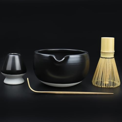 Artcome 4 Pcs Complete Matcha Tea Ceremony Kit for Japanese Tea Ceremony, Bowl with Pouring Spout, Whisk, Whisk Holder, Tea Scoop, Matcha Tea Set For Making Usucha, Koicha and Matcha Latte (Black)