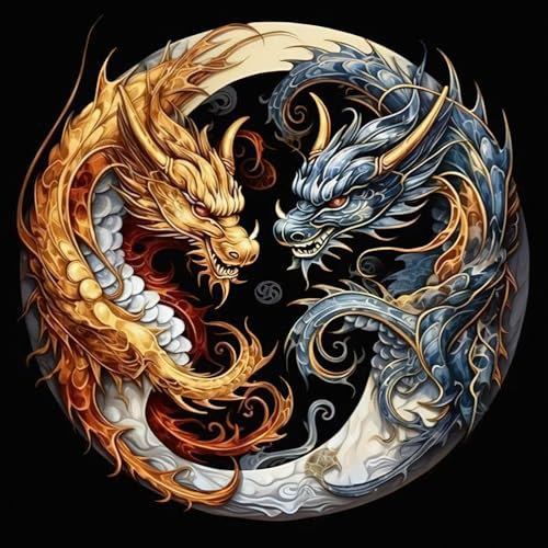 KEYIFA Yin Yang Drache Diamond Painting Zubehör, DIY Crystal Art Foto Bastelset Diamond Painting Erwachsene, 5D Drache Vollbohrer Bilder Diamond Painting Set, Home Wand Dekor 30x30CM