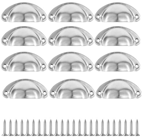 Fayvosiue 12 PCS Shell Cup Handle Door Drawer Chest Semi-Circular Handle Vintage Drawer Pull Handles (Silver)