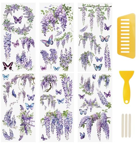 WANDIC 6 fogli di adesivi da strofinare, motivo floreale viola per fai da te, album fotografici, mobili, 15 x 30 cm