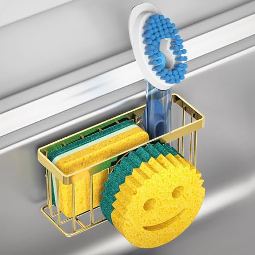 MURLONG Sponge Holder Smiley Face,Sink Caddy,Sink Organizer with 2 Suction Cups/1 Adhesive Strips,Designed for Sponge,Soap,Dish Brush,Scrubber-Gold