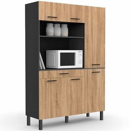 IDMarket - Buffet de Cuisine 120 cm CINA Noir et façon hêtre | Avec colonne de rangement, 6 portes et tiroir