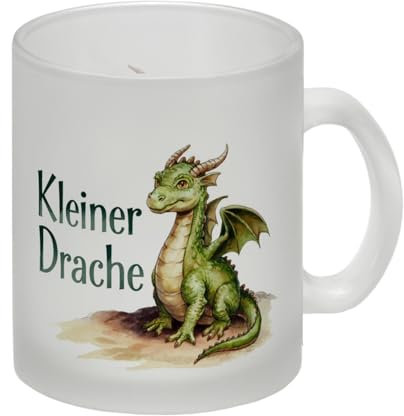 niedlicher grüner Drache - kleiner Drache Glas Tasse Besonders schöner Glas Tasse mit aquarellgemäldenem Drachenmotiv und grünen Schuppen auf Felsen