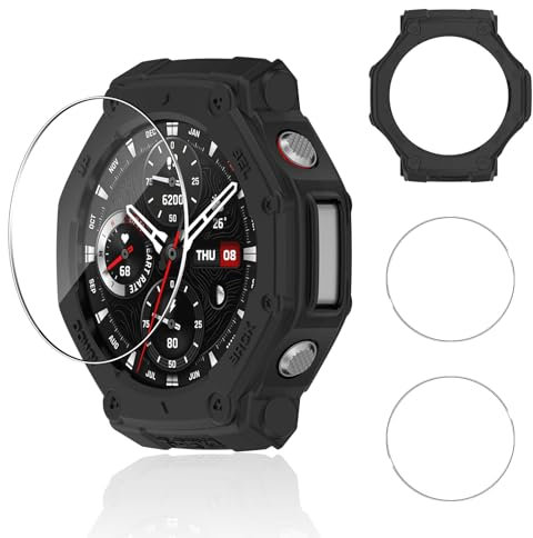 Aerku Funda para Amazfit T-Rex 3, 9H HD Cristal Templado Protector de Pantalla*2,Anti-Choque Parachoques Anti-rasguños Protector Silicona suave Marco Funda - Negro