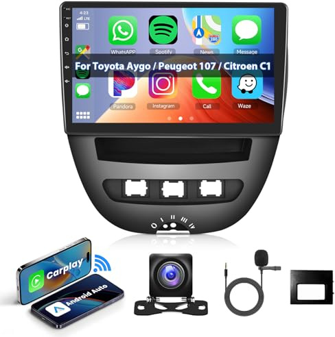 Hodozzy Android Autoradio für Toyota Aygo/Peugeot 107/Citroen C1 2004-2014 mit Wireless Carplay Android Auto 10,1 Zoll Touchscreen Navi, Bluetooth, WiFi, HiFi, FM RDS Radio, Canbus, Rückfahrkamera