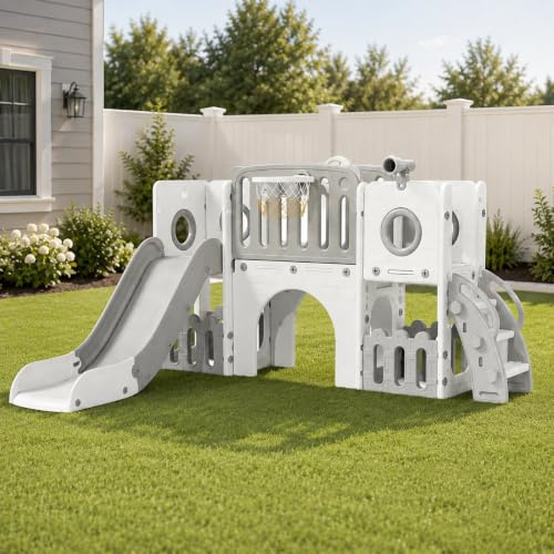 MAMIZO Toddler Slide, 9 in 1 Kids Slide and Climber Playset for Ages 3 | Indoor Outdoor Playground for Children, w/Basketball Hoop & Ball, Telescope, Tunnel, Storage Space