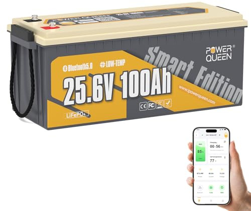 Power Queen 25,6V 100Ah Batterie Lithium Bluetooth pour Marine Bateau | BMS 100A, 2560Wh d'énergie, 15000 Cycles, IP65 Étanche, Protection à Basse Température, pour Moteur Électrique, Camping-car