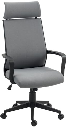 HOMCOM Bürostuhl Ergonomisch mit Armlehne, mit Kopfstütze, Dunkelgrau | Höhenverstellbarer Drehstuhl, Wippfunktion, Computerstuhl, Kunstwolle-Optik