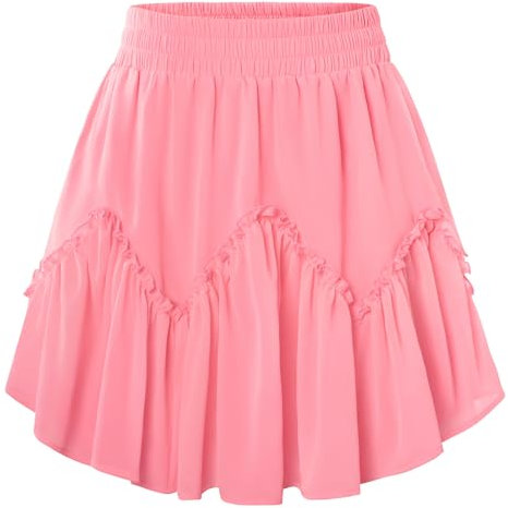 Damen Sommerrock Elastische Hohe Taille Kurz Röcke mit Rüschen Chiffon Vintage Mini Rock Rosa L