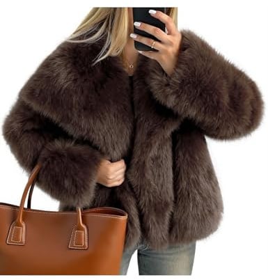 Kissonic Women Faux Fur Coat Long Sleeve Lapel Open Front Shaggy Furry Jacket Warm Fluffy Short Outwear | Long Sleeve, Snap Button, Open Front, Solid Color, Fuzzy Ladies Outerwear, Winter Luxury Outfits
