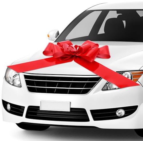 QWORK® Große rote Schleife für Auto, große rote geschenkschleife, 76 cm, riesiger Geschenkaufsatz, mit Saugnapf