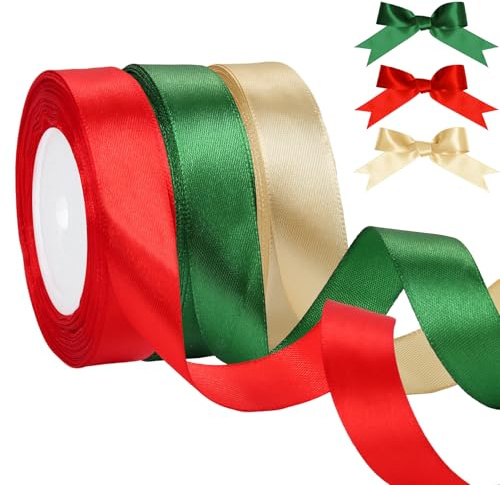 3 Stück Geschenkband Gold 66m Satinband Rot Schleifenband Satinband Hochzeit Geschenkband Rot Breit Chiffonband für Taufe Geburtstag Deko Geschenkverpackung
