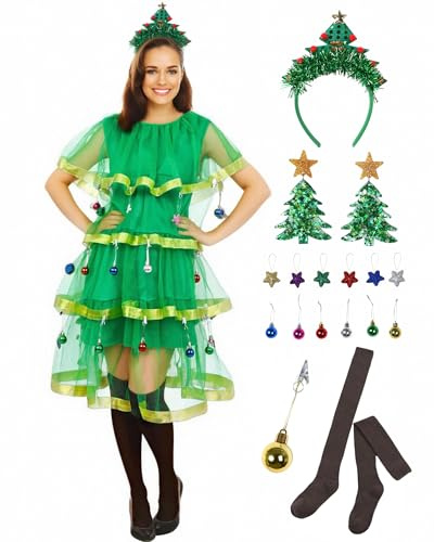 SANMIO 7-teiliges Weihnachtsbaum-Kostümset für Damen, Weihnachtskleid mit Haarband, Paillettenohrringen, bunten Sternen, Kugeln, Haarspangen und Strümpfen