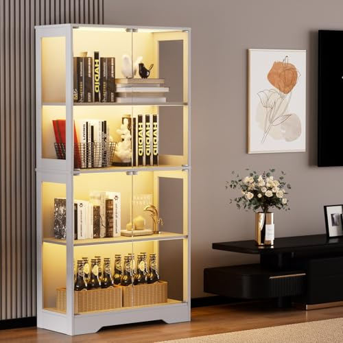 BLSYHDH Glasvitrine Standvitrine mit Led,Glasvitrine Stehend mit 4 GlastüRen und Intelligenten Sensoren,Vitrinenschrank,Staubdichte Glas vitrinenschrank FüR Wohnzimmer (Weiß, 4 Etagen, 4 Türen+LED)