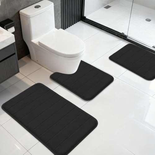 Zinueen Lot de 3 tapis de salle de bain antidérapants, lavables en machine, absorbants, pour douche, salle de bain, toilettes et baignoire (noir)
