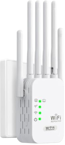 Répéteur WiFi,1200 Mbps amplificateur de Signal WiFi, Double Bande 2,4 GHz et 5 GHz, équipé de 6 antennes et 2 Ports LAN, Compatible avec Tous Les routeurs avec Port Ethernet (Blanc)