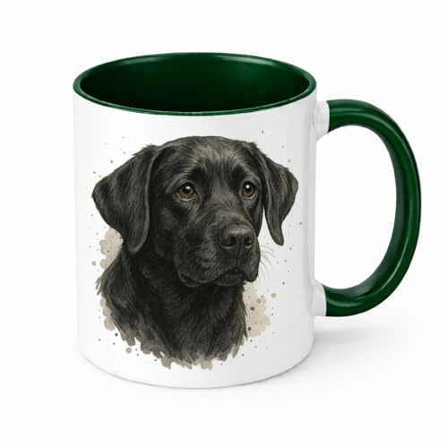 Brew Crew Gifts Black Labrador Watercolor Portrait Ceramic Mug, 11 oz, Microwave and Dishwasher Safe, Dog Lover Coffee Cup (Green)