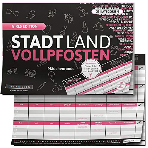 DENKRIESEN - Stadt Land VOLLPFOSTEN® - Girls Edition | Spielblock | Familienspiel | 23 Kategorien | Ideal für Mädchen | Spaß für die ganze Familie | Perfekt für einen lustigen Abend oder als Geschenk